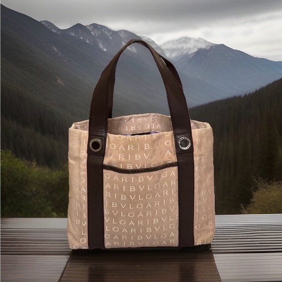 BVLGARI Handbags - Bvlgari Logo Mania Beige Canvas Brown Leather Tote